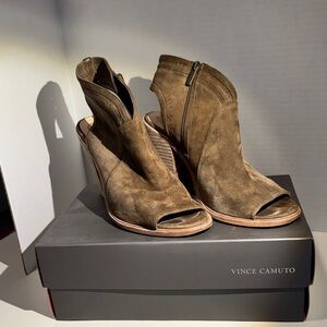 Vince Camuto Olive Brown Suede Peep-Toe Wedge Booties